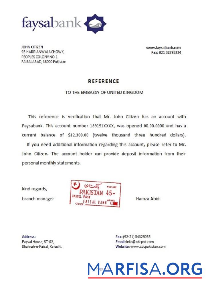 Blank Pakistan Faysal bank reference download for verification